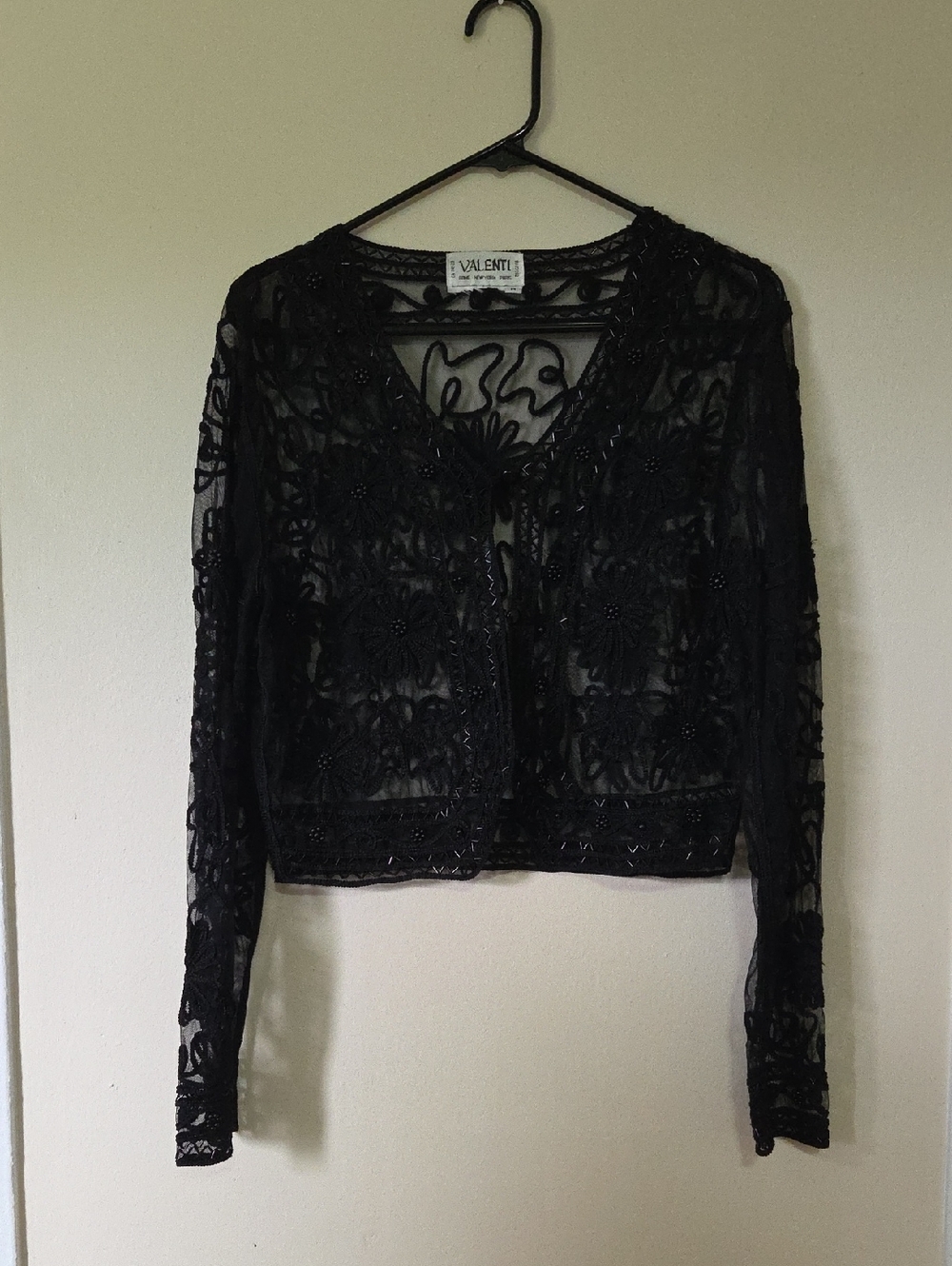 Valenti Vintage Black Beaded Lace Long-Sleeve Top